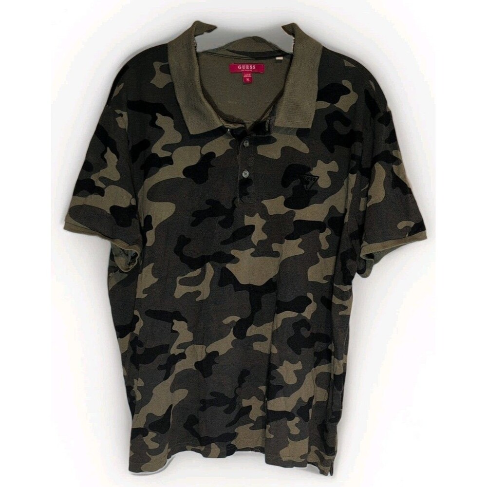 Guess Polo Shirt Mens XL Camo Short Sleeve 1/4 Button Collared